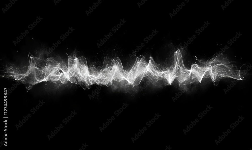 Poster a wavy, flowing pattern of smoke-like particles against a dark background, creating a sense of movem