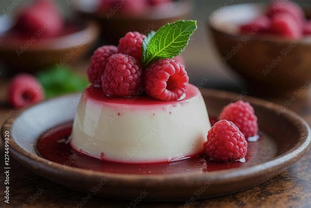 Poster a dessert with a raspberry topping on a plate. the dessert is a white cream cake with a raspberry sa