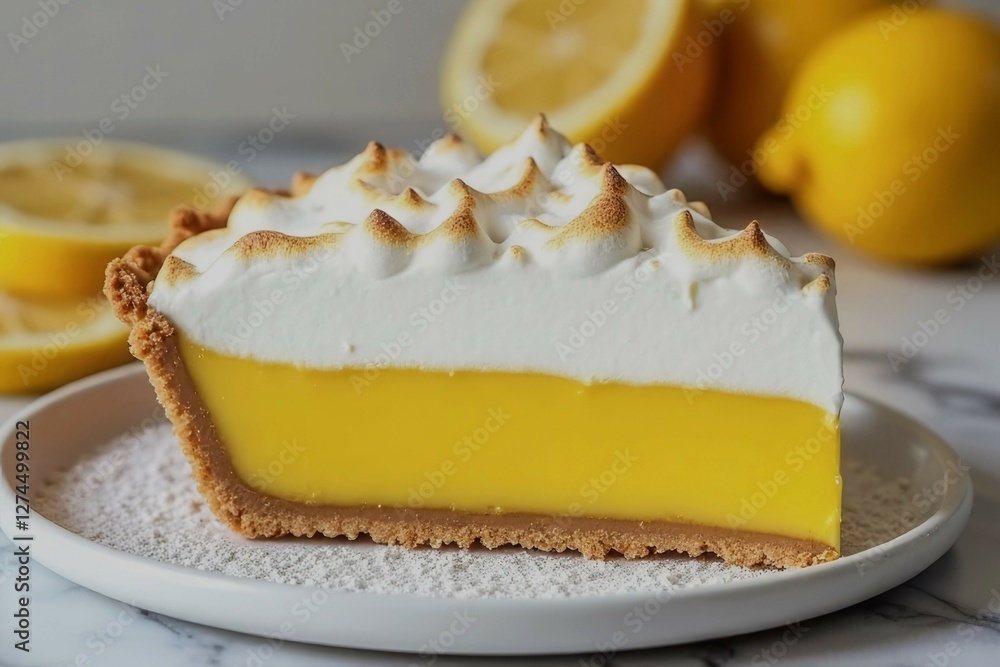 Poster a lemon meringue pie sits on a marble countertop. the pie is topped with a generous amount of whippe