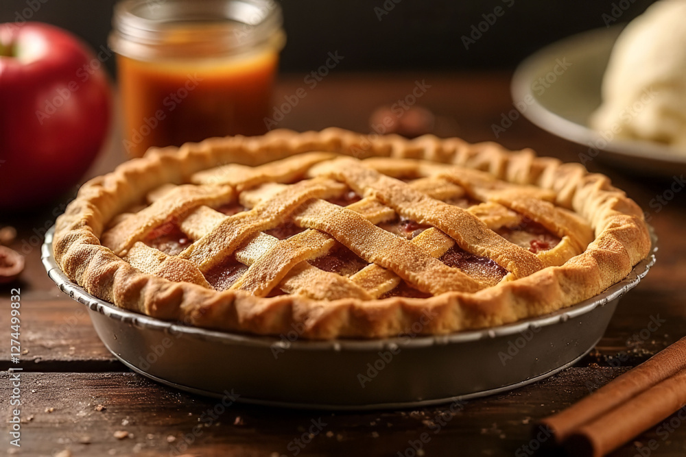 Poster a delicious apple pie with a golden crust sits on a wooden table, next to a bowl of ice cream. the p