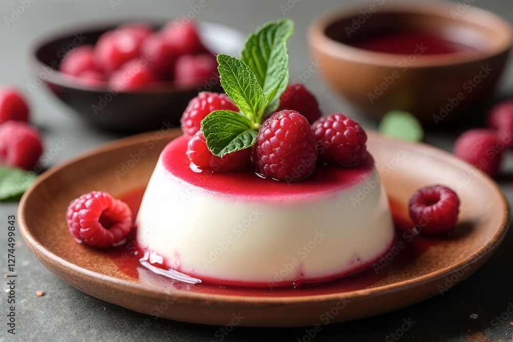 Poster a dessert with a raspberry topping on a plate. the dessert is a white cream cake with a raspberry sa