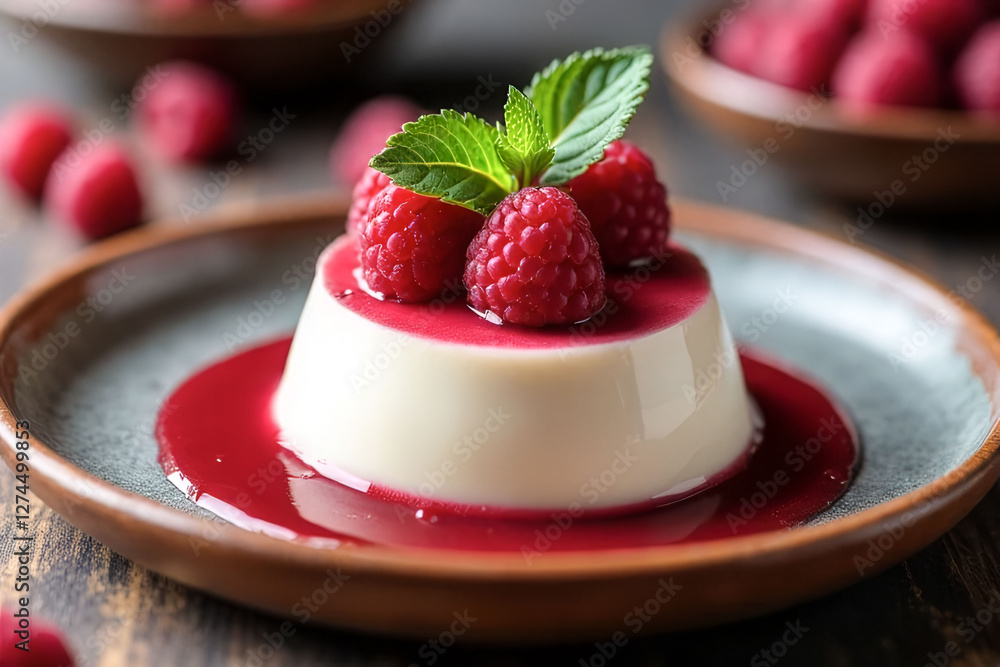 Poster a dessert with a raspberry topping on a plate. the dessert is a white cream cake with a raspberry sa
