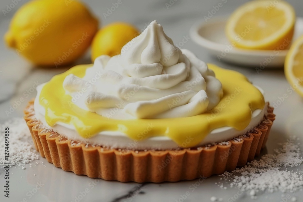 Poster a lemon meringue pie sits on a marble countertop. the pie is topped with a generous amount of whippe
