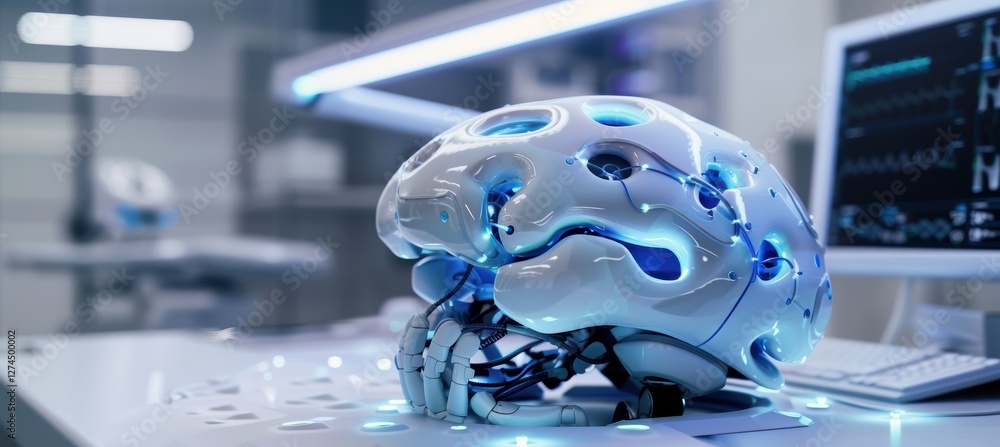 Aufkleber futuristic ai robot in medical setting for advanced neural analysis and healthcare innovation