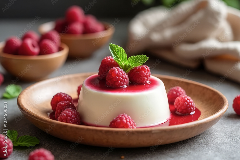 Poster a dessert with a raspberry topping on a plate. the dessert is a white cream cake with a raspberry sa