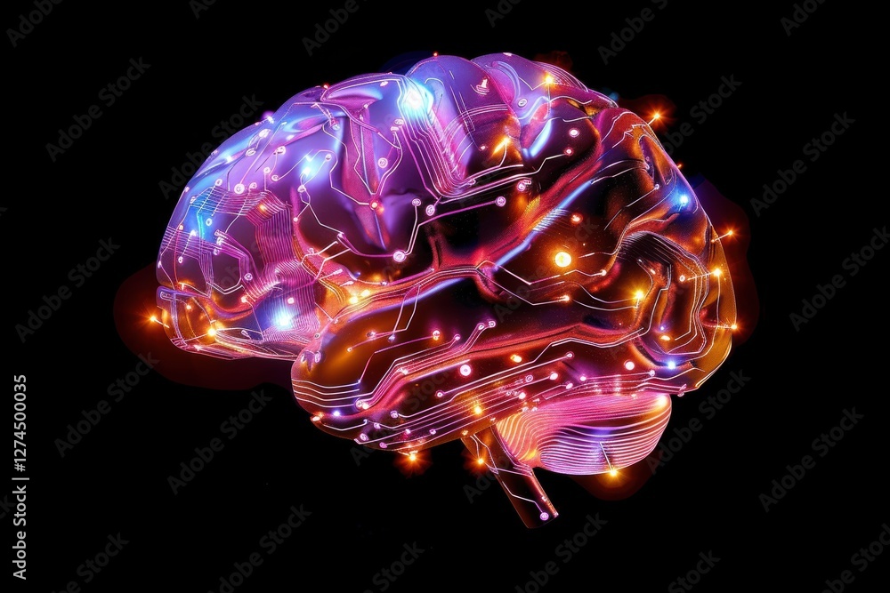 Poster abstract brain with light particles illustrating ai and human intelligence connection for technology