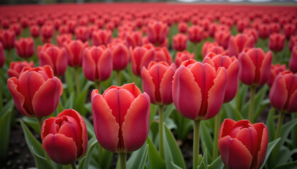 Obraz premium Close-up view of deep red tulips in an endless field, showcasing vibrant colors and delicate petals