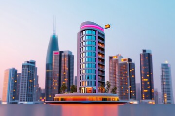 Naklejka premium futuristic skyscraper with floating helipad glowing rooftop lights