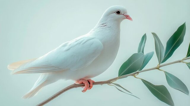 Graceful white dove perching on a branch amidst lush green leaves in serenity