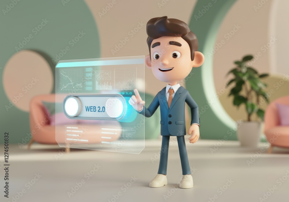 Aufkleber 3d character presenting a futuristic web 2.0 interface mockup