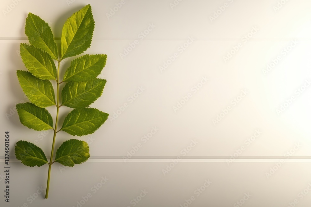 Wall mural Fresh green leaf on light background with subtle shadow and texture