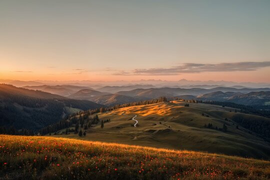 Sunset Over Rolling Hills With Wildflowers And Distant Mountains