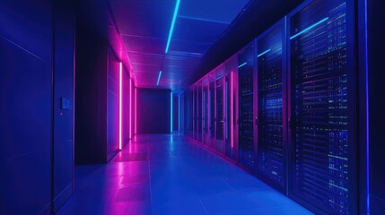 Futuristic data center illuminated with vibrant blue and pink neon lights, showcasing high-tech server racks and advanced networking infrastructure. Ideal for cloud computing, cybersecurity, and data