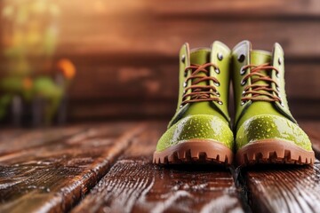 Pair of green boots on wooden surface with sunlight reflections