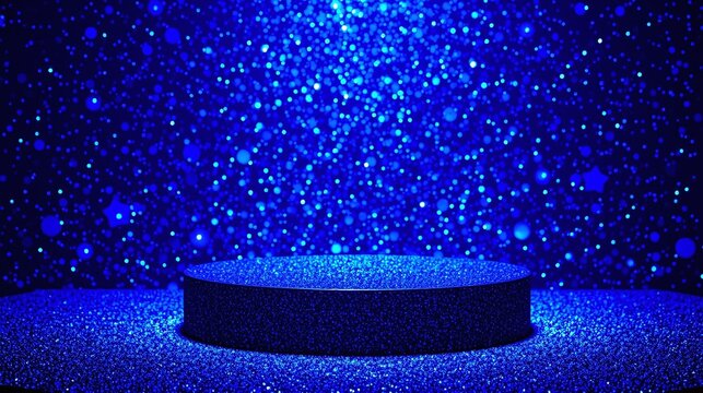 A pedestal adorned with vibrant blue glitter against a starlit backdrop.