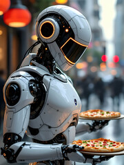Fototapeta premium Cyborg holding pizza