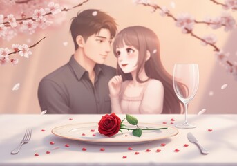 Romantic dinner setting with a couple surrounded by cherry blossoms