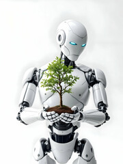 Naklejka premium Robot holding a green tree