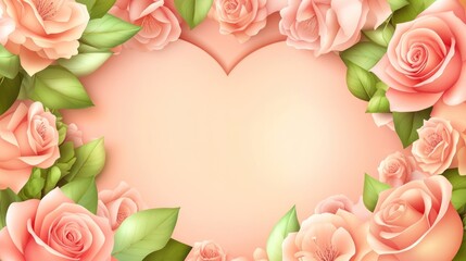 Floral heart frame, delicate roses, soft background, invitation, greeting card