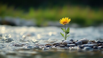 Solitary yellow flower blooming by river rocks, tranquil stream background