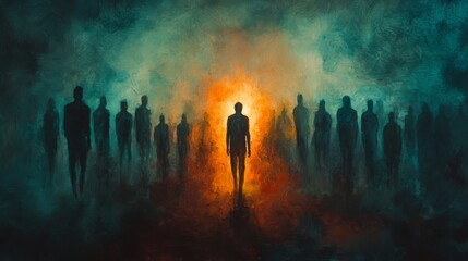 Fototapeta premium An illustration of a figure among a blurred and indistinct crowd. A figure among the crowd under hazy darkness in a concept of melancholy.