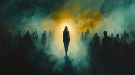 Obraz premium An illustration of a figure among a blurred and indistinct crowd. A figure among the crowd under hazy darkness in a concept of melancholy.