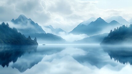 Foggy mountain lake with mirrored reflections high resolution hd picture