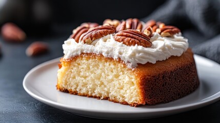 Delicious pecan cake slice on a white plate
