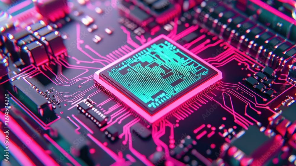 Poster neon circuitry: a close-up of a microchip's intricate design