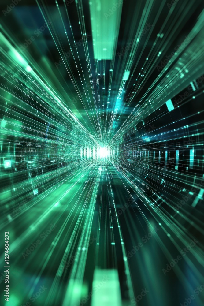 Poster abstract representation of digital data streams converging towards a bright center, creating a sense