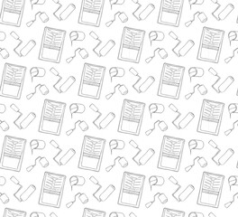 Paint tray and paint roller and color can seamless pattern. Vector graphic line illustration.