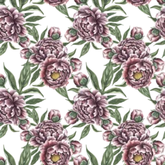 Seamless delicate floral pattern with purple peonies. Handmade watercolor illustration. Vintage-style color image. For textiles, wallpaper and wrapping paper. For labels, packaging, printing.
