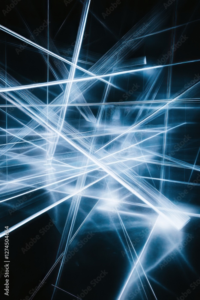 Poster abstract image showcasing dynamic blue light beams intersecting in a dark space, creating a futurist