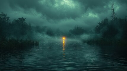 A solitary light illuminates a misty lake at night