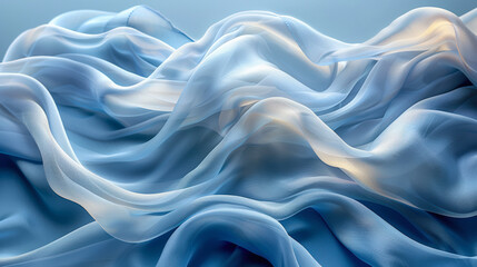 Obraz premium Delicate texture of pale blue and beige silk fabric. Soft, flowing translucent fabric with liquid silk effect, subtle color gradient. Folds and waves, creating abstract pattern with silver sheen.