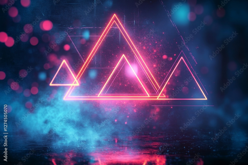 Poster glowing neon triangles against a dark backdrop, creating a modern and vibrant design. the triangles 
