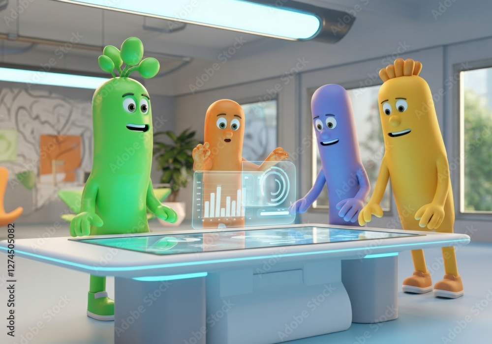 Aufkleber colorful animated characters interacting with a futuristic touchscreen display