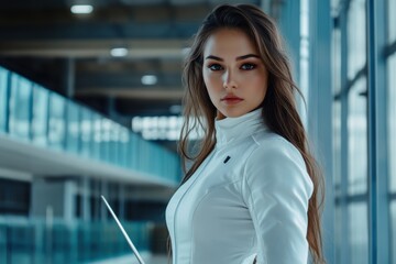 Confident female fencer in modern training facility poses strikingly