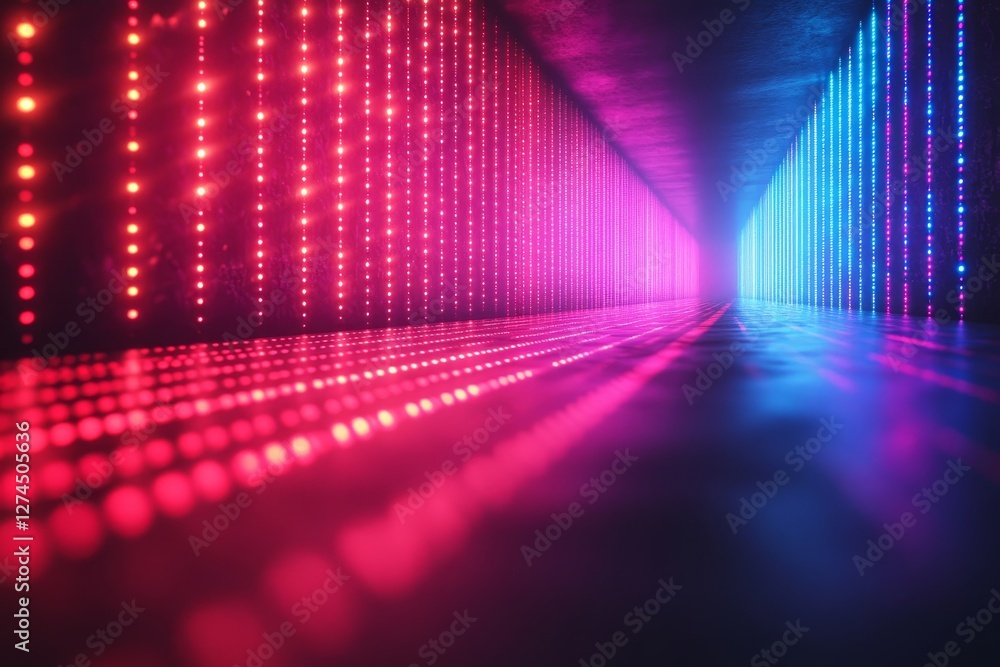 Poster abstract tunnel illuminated by vibrant red and blue lights, creating a futuristic and dynamic visual