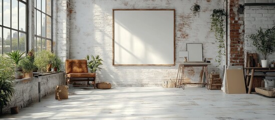 Sunlit loft interior with large blank canvas, armchair, plants, and art supplies.