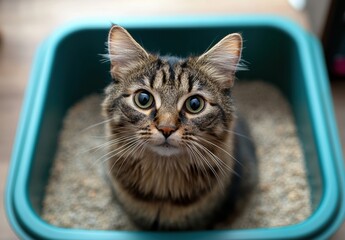 Cat sitting in litter box looking up with curious expression