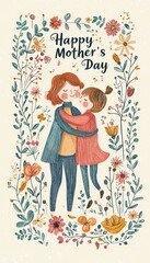 Fototapeta premium Charming Mother's Day Card Design Featuring Hand-Drawn Mother and Child Illustration