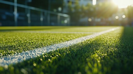 Sunset soccer field lines, urban background, game in progress