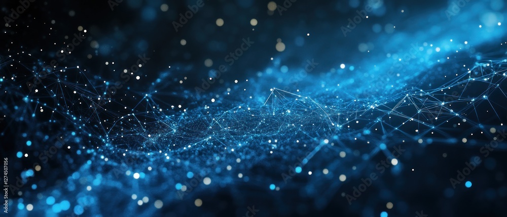 Poster abstract representation of a digital network with glowing blue particles and lines, suggesting data 