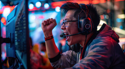 Excited Gamer Celebrates High Score Triumph in Competitive Environment