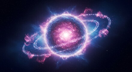 Obraz premium Celestial Energy Orb - A vibrant cosmic orb radiates energy, encircled by glowing rings and ethereal particles in deep space