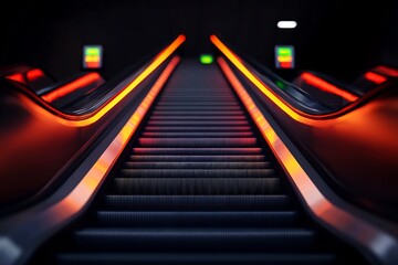 escalator inside modern business building with neon lights