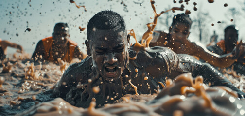 Intense Team Challenge: Friends Conquer Tough Mudder Race Obstacles Together