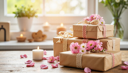 Thoughtful handmade gifts with flowers on rustic table, heartfelt gesture