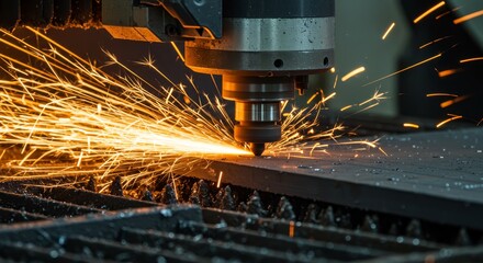 CNC Router Metal Cutting Sparks Orange Grey Tones - Industrial CNC router cutting metal, sparks flying. Precision, technology, manufacturing, industry, innovation